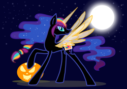 Size: 4000x2800 | Tagged: safe, artist:astralune, nightmare moon, sunny starscout, alicorn, pony, mlp fim's twelfth anniversary, g5, braid, clothes, ethereal mane, ethereal tail, fake cutie mark, female, full moon, halloween, holiday, jack-o-lantern, mare, moon, multicolored hair, nightmare night, nightmare night costume, nightmare sunny, pumpkin, rainbow hair, role reversal, slit pupils, solo, spread wings, starry night, starry sky, stars, tail, wings