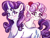 Size: 3200x2400 | Tagged: safe, artist:br0via, rarity, sweetie belle, pony, unicorn, g4, blushing, chest freckles, cute, diasweetes, duo, female, filly, flower, flower in hair, foal, freckles, high res, lipstick, looking at each other, looking at someone, mare, pink background, raribetes, rose, siblings, simple background, sisters, smiling, smiling at each other