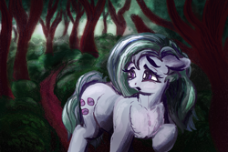 Size: 3000x2000 | Tagged: safe, artist:br0via, marble pie, earth pony, pony, g4, chest fluff, cute, forest, frown, high res, looking back, marblebetes, open mouth, solo