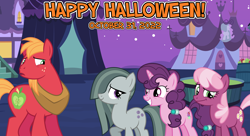 Size: 2064x1125 | Tagged: safe, artist:csillaghullo, artist:not-yet-a-brony, big macintosh, cheerilee, marble pie, sugar belle, earth pony, pony, unicorn, g4, 2022, female, friends, friendship, halloween, holiday, husband and wife, lyrics in the description, male, mare, nightmare night, october, ponyville, ship:sugarmac, shipping, stallion, straight, youtube link in the description