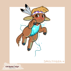 Size: 1200x1200 | Tagged: safe, artist:cold-blooded-twilight, little strongheart, bison, buffalo, g4, adoraheart, blushing, clothes, cloven hooves, cute, electricity, feather, from below, leotard, raised leg, smiling, solo