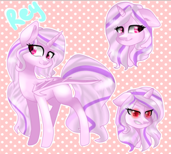 Size: 2800x2533 | Tagged: safe, artist:oniiponii, oc, oc only, alicorn, bat pony, bat pony alicorn, pony, alicorn oc, angry, bat wings, bust, female, high res, horn, mare, polka dot background, reference sheet, smiling, solo, wings