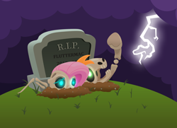 Size: 3600x2600 | Tagged: safe, anonymous artist, big macintosh, fluttershy, earth pony, pegasus, pony, skeleton pony, series:fm holidays, g4, bone, female, frog (hoof), glowing, glowing eyes, grave, gravestone, halloween, high res, holiday, lightning, lineless, male, mare, night, rest in peace, ship:fluttermac, shipping, skeleton, stallion, straight, underhoof