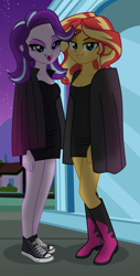 Size: 6000x11852 | Tagged: safe, artist:emeraldblast63, starlight glimmer, sunset shimmer, human, equestria girls, g4, bedroom eyes, boots, clothes, coat, converse, costume, dress, duo, duo female, eyeshadow, fangs, female, grin, makeup, night, shoes, smiling, vampire costume, vampire shimmer