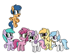 Size: 1189x897 | Tagged: safe, artist:northstarponyg1, aura (g4), cotton cloudy, first base, noi, ruby pinch, sweetie belle, earth pony, pegasus, pony, unicorn, g4, adorabase, alternate mane six, aurabetes, best friends, colored, cottonbetes, cute, diasweetes, female, filly, first base can fly, flapping, flying, foal, friends, hooves, hooves up, noiabetes, open mouth, open smile, pegasus first base, pinchybetes, race swap, raised hoof, raised leg, simple background, smiling, transparent background