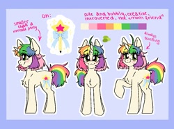 Size: 1009x750 | Tagged: safe, artist:madkadd, oc, oc only, oc:kadus, pony, unicorn, chest fluff, eyelashes, female, mare, multicolored hair, rainbow hair, raised hoof, reference sheet, smiling