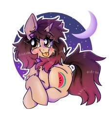 Size: 750x814 | Tagged: safe, artist:madkadd, oc, oc only, oc:woonie, pony, unicorn, :p, chest fluff, crescent moon, eyelashes, female, horn, lying down, mare, moon, night, prone, simple background, solo, stars, tongue out, transparent moon, unicorn oc, white background