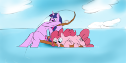 Size: 1366x685 | Tagged: safe, artist:mrabrickwall, pinkie pie, twilight sparkle, earth pony, pony, unicorn, g4, boat, duo, female, fishing, fishing rod, mare, outdoors, unicorn twilight