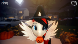 Size: 3840x2160 | Tagged: safe, artist:marshmallow-pone, oc, oc only, oc:vani, alicorn, pony, 3d, alicorn oc, car, cute, hat, high res, horn, minecraft, mouth hold, nightmare night, pumpkin, pumpkin bucket, solo, source filmmaker, wings, witch hat