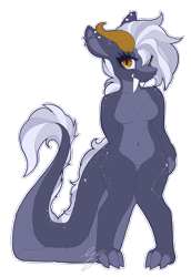 Size: 1352x1960 | Tagged: safe, artist:ezzerie, oc, oc only, oc:ezzerie, dragon, anthro, breasts, claws, dragoness, featureless breasts, female, horns, lizard breasts, simple background, solo, tail, transparent background