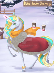 Size: 1280x1723 | Tagged: safe, artist:clouris, oc, oc only, pony, unicorn, cape, clothes, cup, deviantart watermark, eye scar, facial scar, glowing, glowing horn, horn, magic, obtrusive watermark, outdoors, scar, scarf, snow, solo, telekinesis, unicorn oc, watermark