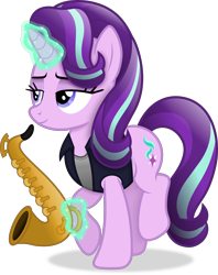 Size: 2874x3634 | Tagged: safe, artist:anime-equestria, starlight glimmer, pony, unicorn, g4, clothes, eyebrows, female, glowing, glowing horn, high res, horn, levitation, lidded eyes, magic, magic aura, mare, musical instrument, raised hoof, saxophone, simple background, smiling, solo, telekinesis, transparent background, vector
