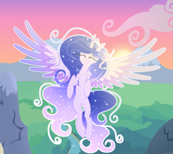 Size: 2514x2234 | Tagged: safe, artist:existencecosmos188, oc, oc only, oc:existence, alicorn, pony, ethereal mane, eyes closed, female, flying, high res, mare, outdoors, smiling, solo, spread wings, starry mane, wings