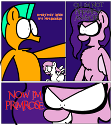 Size: 1275x1414 | Tagged: safe, artist:professorventurer, pipp petals, oc, oc:sugar morning, earth pony, pegasus, pony, series:ask pippamena, g5, 3 panel comic, bipedal, comic, gritted teeth, pippamena, primrose petals, teeth