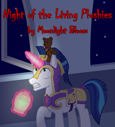 Size: 1559x1716 | Tagged: safe, artist:moonlight bloom, shining armor, pony, unicorn, fanfic:night of the living plushies, g4, animate object, armor, cookie, cookie jar, cover art, dark, ear pull, food, implied flurry heart, jar, magic, magic aura, male, night, open window, plushie, solo, stallion, stars, surprised, teddy bear, telekinesis, window