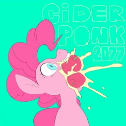 Size: 2500x2500 | Tagged: safe, artist:baigak, pinkie pie, earth pony, pony, g4, apple, bust, cyberpunk 2077, eating, female, food, green background, herbivore, high res, looking up, mare, mouth hold, pun, simple background, solo, wordplay