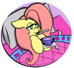 Size: 2169x1994 | Tagged: safe, artist:badmovieknight, fluttershy, pony, g4, bed, bowl, cute, floppy ears, lidded eyes, pillow, ponytober, simple background, solo, spoon, transparent background