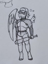 Size: 1678x2237 | Tagged: safe, artist:drheartdoodles, oc, oc only, oc:single strike, bat, pegasus, anthro, baseball bat, female, full body, hat, mare, sports, traditional art