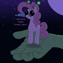 Size: 3500x3500 | Tagged: safe, artist:legendoflink, pinkie pie, alien, alien pony, pony, g4, cute, dialogue, diapinkes, disembodied hand, floating, hand, high res, moon, pinktober, raygun, simple background, slender, solo, stars, text, thin, thin legs, tiny, tiny ponies