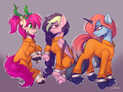 Size: 4425x3307 | Tagged: safe, artist:yumkandie, oc, oc:crimson skies, oc:galactic lights, oc:zero, pony, antlers, bound wings, chained, clothes, colored hooves, commissioner:rainbowdash69, cuffed, cuffs, frustrated, jumpsuit, never doubt rainbowdash69's involvement, prison outfit, prisoner, sad, shackles, trio, unshorn fetlocks, wings