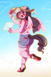 Size: 2000x3000 | Tagged: safe, artist:boorakun, oc, oc only, oc:galactic lights, pegasus, anthro, plantigrade anthro, ass, butt, clothes, fan, feet, female, hat, high res, looking back, one eye closed, pegasus oc, sandals, shorts, solo, sun hat