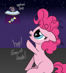 Size: 1597x1778 | Tagged: safe, artist:legendoflink, pinkie pie, alien, earth pony, pony, g4, abduction, ayy lmao, blank flank, cute, diapinkes, duo, female, filly, filly pinkie pie, foal, heart, heart eyes, self paradox, self ponidox, simple background, stealing, tiny, tiny ponies, wingding eyes, younger