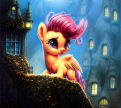 Size: 1152x1024 | Tagged: safe, ai assisted, ai content, derpibooru exclusive, generator:stable diffusion, scootaloo, pegasus, pony, g4, cute, female, filly, foal, moonlight, rooftop, solo