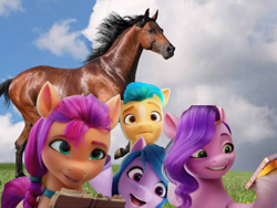 Size: 2400x1800 | Tagged: safe, edit, edited screencap, screencap, hitch trailblazer, izzy moonbow, pipp petals, sunny starscout, earth pony, horse, pegasus, pony, unicorn, g5, animal, book, confused, curious, cute, excited, female, field, horse-pony interaction, irl, irl horse, jewelry, male, mare, phone, photo, ponies in real life, smiling, solo, stallion, tiara, waving