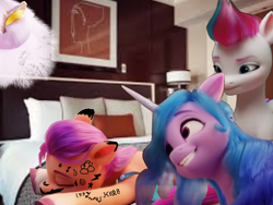 Size: 2400x1800 | Tagged: safe, derpibooru exclusive, edit, edited screencap, screencap, izzy moonbow, pipp petals, sunny starscout, zipp storm, earth pony, pegasus, pony, unicorn, g5, bed, cropped, cute, female, grin, happy, hooves, hotel room, irl, izzybetes, mare, name, phone, photo, pillow, ponies in real life, prank, silly, sleeping, smiling, spread wings, text, this will not end well, wings