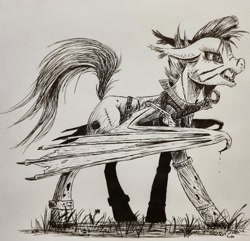 Size: 2712x2613 | Tagged: safe, artist:cahandariella, oc, bat pony, pony, crossover, fanfic art, high res, inktober, monochrome, solo, sword, the witcher, traditional art, weapon