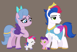 Size: 2894x1970 | Tagged: safe, artist:feather_bloom, pipp petals, queen haven, zipp storm, oc, unnamed oc, pegasus, pony, g4, g5, my little pony: make your mark, baby, baby pony, cloak, clothes, crown, foal, g5 oc, g5 to g4, generation leap, grumpy, jewelry, pegasus king, pegasus oc, pipp and zipp's dad, regalia, royal sisters (g5), royalty, siblings, simple background, sisters, theory, unamused, unshorn fetlocks