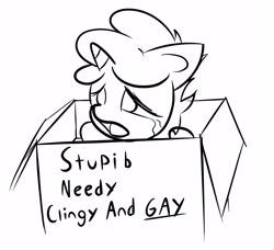 Size: 1815x1653 | Tagged: safe, artist:paintedskies, oc, oc only, pony, unicorn, abuse, box, ink, male, monochrome, pony in a box, simple, simple background, solo, stupid, white background