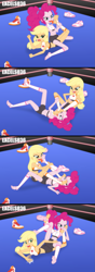 Size: 935x2671 | Tagged: safe, artist:excelso36, applejack, pinkie pie, human, equestria girls, g4, barefoot, belly button, bondage, breasts, clothes, concerned, feet, female, fetish, foot fetish, foot on face, foot on head, foot worship, gym shorts, hogtied, licking, licking foot, mutual foot worship, reference, shipping, shoes, shorts, simple background, sneakers, socks, spongebob reference, spongebob squarepants, sports, sports shorts, the fry cook games, tickle torture, tickling, toeless socks, tongue out, wrestling