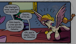 Size: 1080x637 | Tagged: safe, artist:andypriceart, derpibooru exclusive, edit, editor:enrique zx, idw, golden feather, princess celestia, twilight sparkle, alicorn, pegasus, pony, g4, spoiler:comic, spoiler:comic65, dialogue, disguise, implied starlight glimmer, offscreen character, spanish, spanish description, spanish text, spread wings, translation, translator:xocolatl, twilight sparkle (alicorn), watermark, wings
