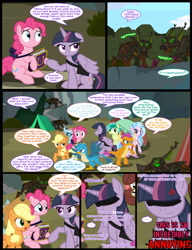 Size: 1042x1358 | Tagged: safe, artist:dendoctor, applejack, gallus, mean twilight sparkle, ocellus, pinkie pie, sandbar, silverstream, smolder, yona, alicorn, changedling, changeling, classical hippogriff, dragon, earth pony, griffon, hippogriff, pony, timber wolf, yak, comic:clone.., g4, alternate universe, bag, clone, comic, everfree forest, female, friendship journal, mare, pinkie clone, saddle bag, student six, tent, twilight sparkle (alicorn)