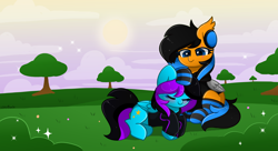 Size: 6758x3669 | Tagged: safe, artist:kittyrosie, oc, oc only, pegasus, pony, absurd resolution, clothes, commission, duo, pegasus oc, snoozing, socks, striped socks, sun, tree