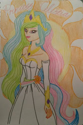 Size: 600x905 | Tagged: safe, artist:glaceonfrozen, princess celestia, human, g4, cutie mark, cutie mark background, female, humanized, looking at you, solo, sun, traditional art