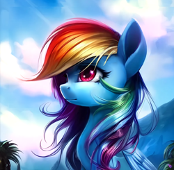 Size: 1024x1003 | Tagged: safe, derpibooru exclusive, edit, editor:xbi, machine learning assisted, purplesmart.ai, stable diffusion, rainbow dash, pegasus, pony, cloud, female, looking up, mare, mountain, palm tree, sky, solo, tree, windswept mane