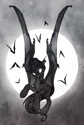 Size: 2749x4096 | Tagged: safe, artist:opalacorn, oc, oc only, oc:void, bat, bat pony, pony, bat ponified, bat pony oc, female, flying, forked tongue, full moon, glowing, glowing eyes, grayscale, halloween, holiday, mare, monochrome, moon, race swap, solo, tongue out