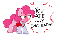 Size: 5928x3696 | Tagged: safe, artist:kittyrosie, pinkie pie, earth pony, pony, g4, angry, clothes, crazy steve, cross-popping veins, drake & josh, emanata, open mouth, simple background, solo, white background