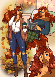 Size: 1330x1845 | Tagged: safe, artist:blackblood-queen, oc, oc only, oc:honeypot meadow, earth pony, anthro, unguligrade anthro, anthro oc, autumn, beauty mark, blaze (coat marking), book, boots, clothes, coat markings, coffee, coffee cup, commission, cup, digital art, earth pony oc, facial markings, female, hoof shoes, jeans, jewelry, leaf, leaves, lidded eyes, lights, necklace, off shoulder, pants, pillow, reading, relaxing, ring, ripped jeans, ripped pants, shirt, shoes, smiling, torn clothes, wedding ring, ych result