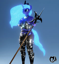 Size: 1998x2160 | Tagged: safe, artist:deadair, princess luna, alicorn, anthro, g4, 3d, 3d model, armor, blender, collar, crown, glowing mane, halberd, jewelry, leather, ornament, regalia, solo, unconvincing armor, weapon, wip