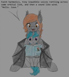 Size: 1138x1280 | Tagged: safe, artist:stray prey, oc, oc only, oc:flare, oc:lucent, bat pony, pony, unicorn, bat pony oc, book, colt, dialogue, duo, female, foal, male, mare, mother and child, mother and son, neuromancer, reading, simple background, traditional art