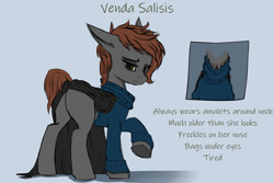 Size: 2515x1681 | Tagged: safe, artist:syntiset, oc, oc:venda salisis, earth pony, pony, amulet, bags under eyes, brown mane, butt, clothes, coat, colored sketch, female, freckles, gray coat, green eyes, jewelry, mare, plot, reference sheet, simple background, sketch, solo, sweater, tired