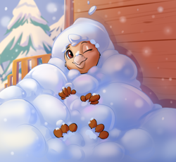 Size: 2170x2000 | Tagged: safe, artist:kittytitikitty, oc, oc only, oc:suban, griffon, covered, curled toes, cute, griffon oc, high res, paws, snow, snowfall, solo, toes, tree, winter