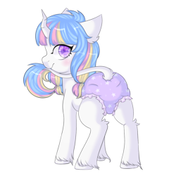 Size: 1000x1000 | Tagged: safe, artist:veincchi, oc, oc only, oc:lorelei, pony, unicorn, biting, blushing, butt, commission, cute, diaper, female, filly, foal, horn, leonine tail, mare, non-baby in diaper, plot, simple background, solo, tail, tail bite, transparent background, unicorn oc, unshorn fetlocks