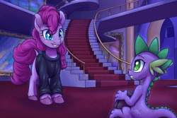 Size: 2200x1466 | Tagged: safe, artist:thescornfulreptilian, pinkie pie, spike, dragon, earth pony, pony, fanfic:spectrum of lightning, series:daring did tales of an adventurer's companion, g4, bag, canterlot, canterlot castle, carpet, clothes, fanfic art, hoodie, night, painting, sitting, sitting on floor, smiling, staircase, stifling laughter