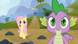Size: 1280x720 | Tagged: safe, screencap, fluttershy, spike, dragon, pegasus, pony, g4, season 3, spike at your service, animated, duo, faint, female, gif, male, mare, pinpoint eyes, reaction image