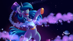 Size: 1920x1080 | Tagged: safe, artist:emithegoat, oc, oc only, pony, unicorn, colored hooves, hat, horn, magic, male, planet, solo, space, stars, top hat, unicorn oc