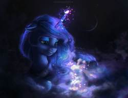 Size: 1743x1336 | Tagged: safe, artist:annaxeptable, edit, princess luna, alicorn, pony, g4, g5, my little pony: a new generation, cloud, cute, female, floppy ears, g4 to g5, generation leap, jewelry, magic, mare, moon, night, outdoors, smiling, solo, sparkles, style emulation